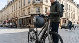 Casque intégral urbain noir moderne posé sur le guidon d'un vélo électrique