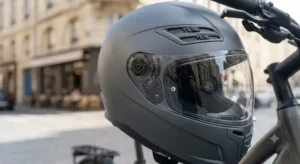 Gros plan sur la visière anti-rayures et le système de ventilation d'un casque intégral urbain
