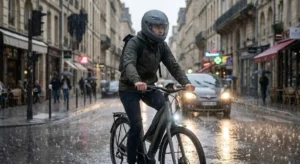 Cycliste urbain sous la pluie efficacement protégé par son casque intégral urbain