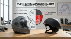 Illustration montrant la protection faciale renforcée offerte par un casque intégral urbain