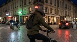 Cycliste de nuit avec un casque intégral urbain équipé d'un éclairage LED arrière pour la sécurité