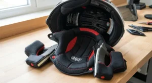 Dettaglio degli interni rimovibili e lavabili di un casco AGV in tessuto traspirante