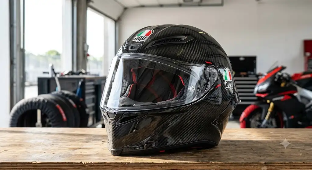 Casco AGV integrale in fibra di carbonio con visiera trasparente per guida in pista