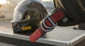 Illustrazione del cinturino di sicurezza con chiusura a doppia D per casco integrale racing