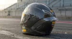 Illustrazione di un casco integrale racing in fibra di carbonio leggera