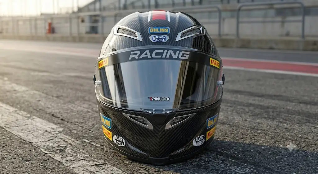 Casco integrale racing ad alte prestazioni in vista frontale per uso in pista