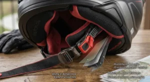 Particolare del sistema di chiusura con cinturino micrometrico di sicurezza per casco integrale touring