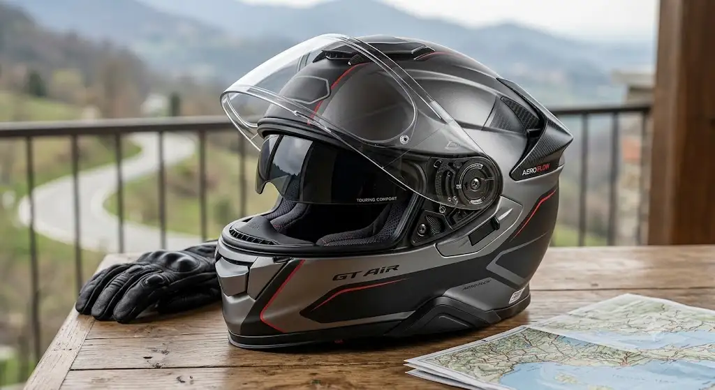 Illustrazione di un casco integrale touring con design aerodinamico per lunghi viaggi in moto