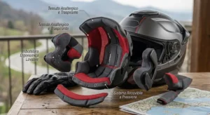 Vista esplosa degli interni imbottiti anallergici, traspiranti e lavabili del casco integrale touring