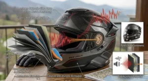 Rappresentazione della riduzione del rumore e isolamento acustico di un casco integrale touring silenzioso