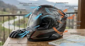 Schema del sistema di ventilazione con prese d'aria frontali ed estrattori posteriori in un casco integrale touring