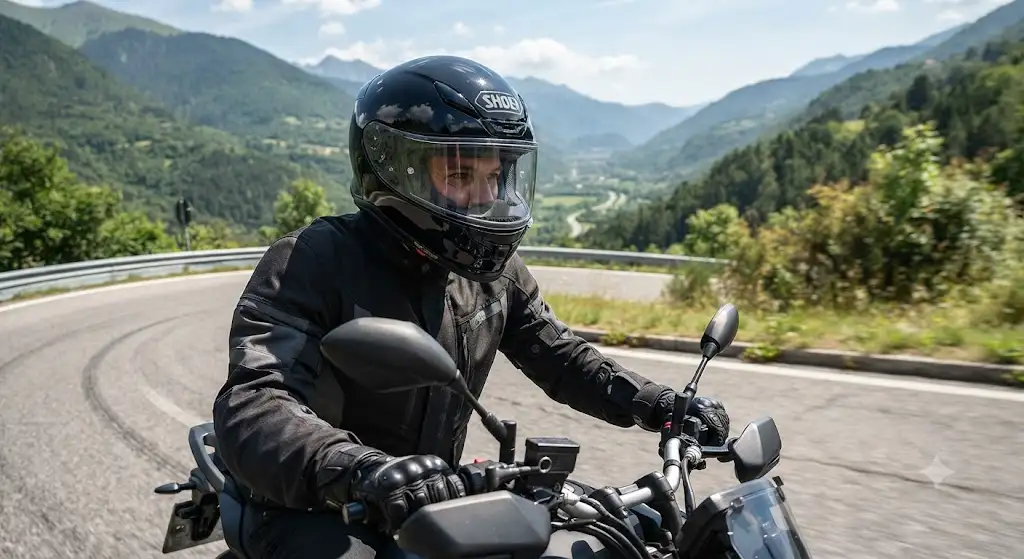 Casco Shoei integrale nero lucido indossato da un motociclista su strada