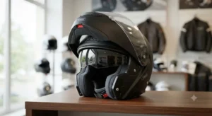 Casco Shoei modulare Neotec con mentoniera sollevata in primo piano