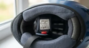 Etichetta di omologazione e sicurezza all'interno di un casco Shoei