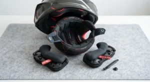 Détail des mousses de confort démontables et lavables d'un casque intégral sport