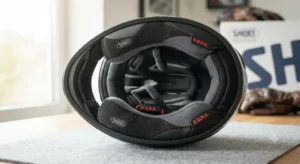Dettaglio degli interni e delle imbottiture sfoderabili di un casco Shoei