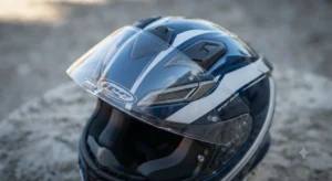 Gros plan sur les prises d'air frontales et extracteurs d'un casque intégral sport
