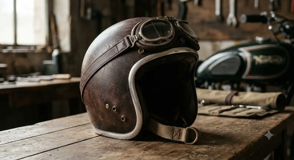 Casque jet rétro en cuir marron avec finition vintage haut de gamme