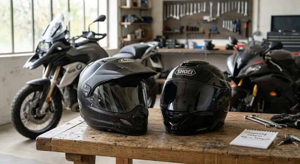 Comparatif visuel entre un casque adventure tout-terrain et un casque intégral de route pour motard casque adventure vs intégral