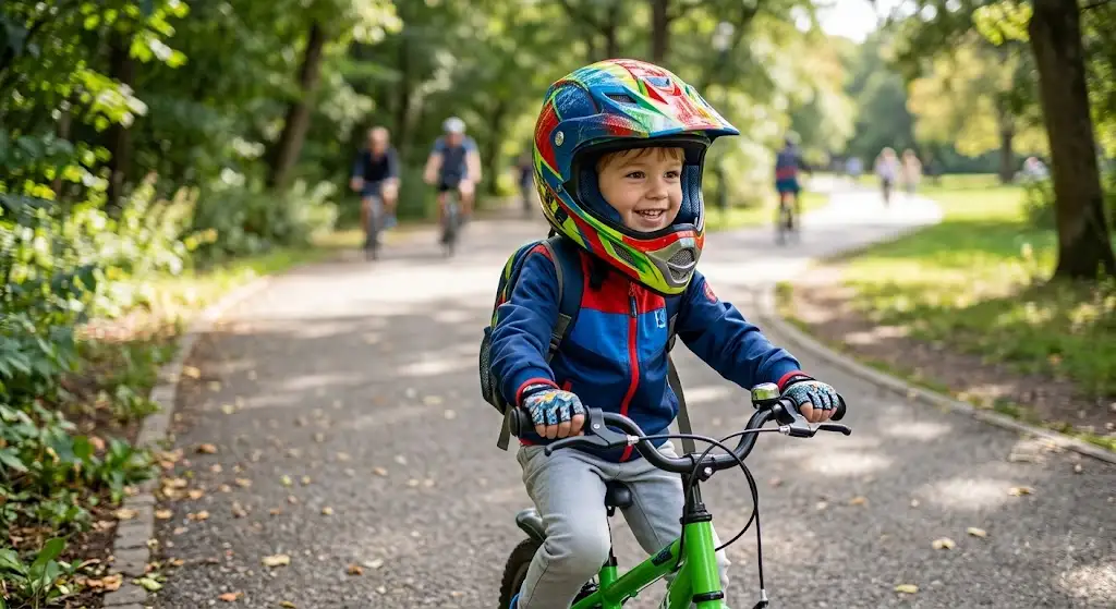 Jeune enfant portant un casque intégral enfant coloré lors d'une sortie à vélo
