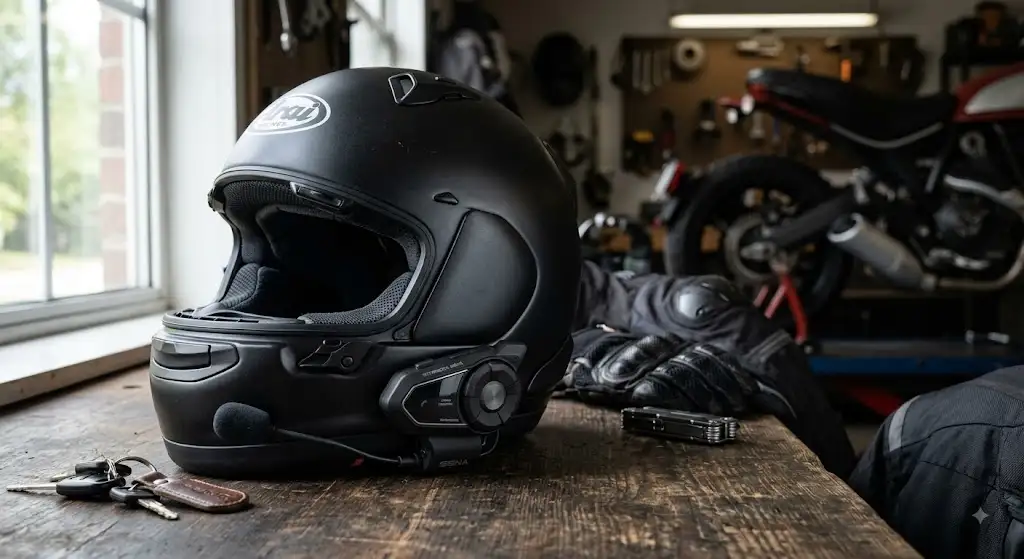 Intercom Sena fixé sur un casque de moto noir prêt pour la route