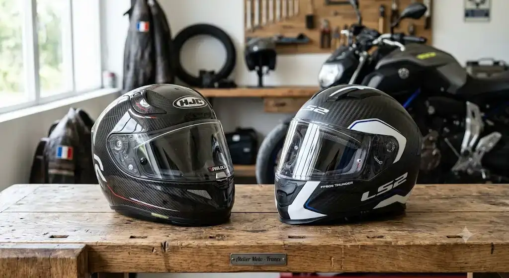 Comparatif de casques moto HJC vs LS2 présentés côte à côte pour motards français