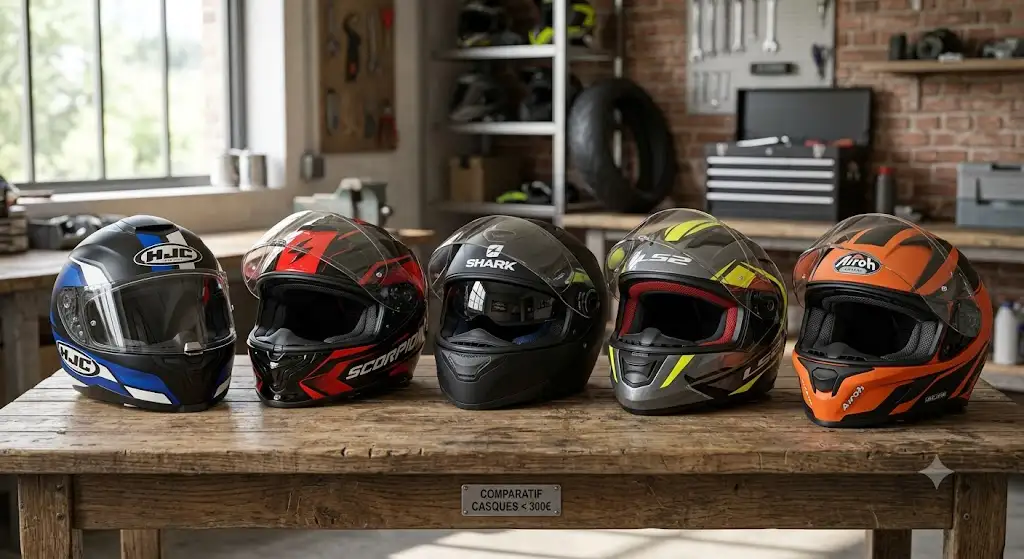 Sélection des meilleurs casque intégral moins de 300 euros posés sur une table