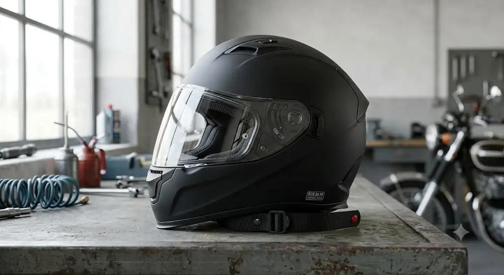 A full-face motorcycle helmet with 'casque intégral ECE 22.06' homologation sticker clearly visible on a workshop bench.