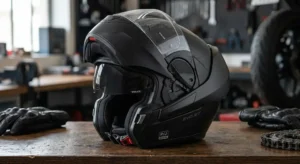 Casque modulable Shark avec mentonnière relevée illustrant la double homologation P/J.