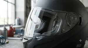 A close-up view of a helmet visor featuring a Pinlock anti-fog insert, showing compatibility with 'casque intégral ECE 22.06'.