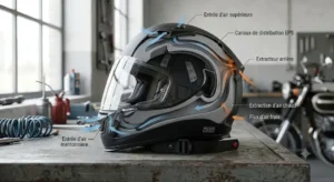 A schematic illustration showing internal air flow and ventilation channels within a 'casque intégral ECE 22.06' certified helmet.