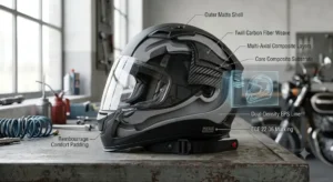 A detailed cross-section diagram illustrating the layered carbon fiber construction of a 'casque intégral ECE 22.06' shell.