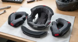 Vue de l'intérieur en tissu lavable et hypoallergénique d'un casque modulable Shark.