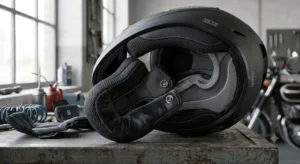 A close-up shot showing the removable and washable interior lining and cheek pads of a 'casque intégral ECE 22.06'.