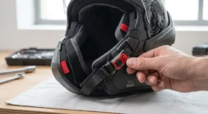 Système d'attache de sécurité par boucle micrométrique sur la jugulaire d'un casque modulable Shark.