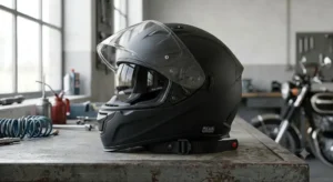 An illustration showing the operation of an integrated retractable sun visor on a 'casque intégral ECE 22.06' certified helmet.