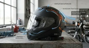 An aerodynamic profile drawing highlighting the rear spoiler design of a 'casque intégral ECE 22.06' on a test bench.