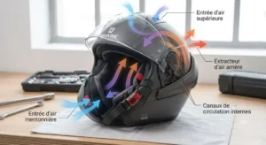 Schéma des entrées et extracteurs d'air assurant la ventilation d'un casque modulable Shark.
