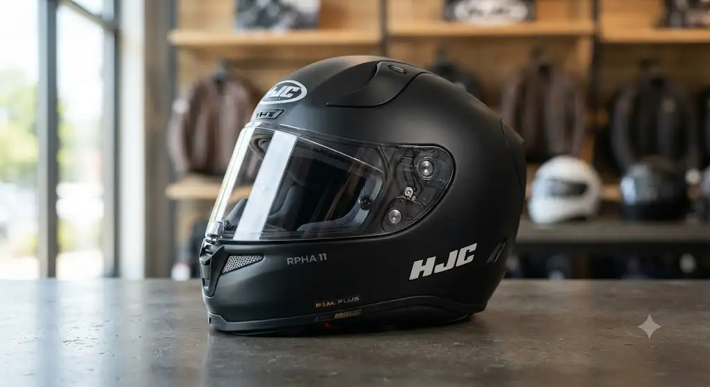Casco HJC integrale sportivo in colore nero opaco visto di lato