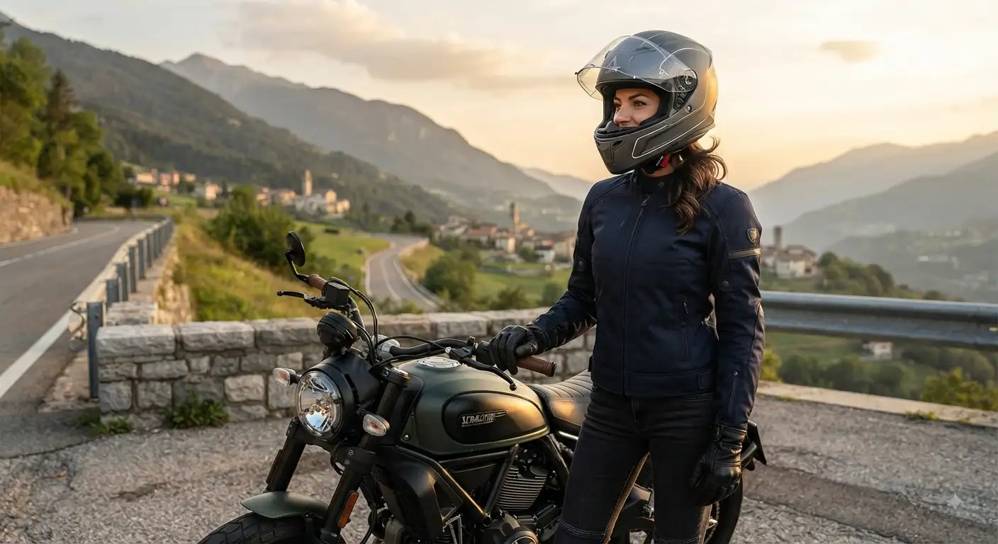 Casco integrale donna elegante e sicuro, ideale per viaggi in moto in città e fuori.