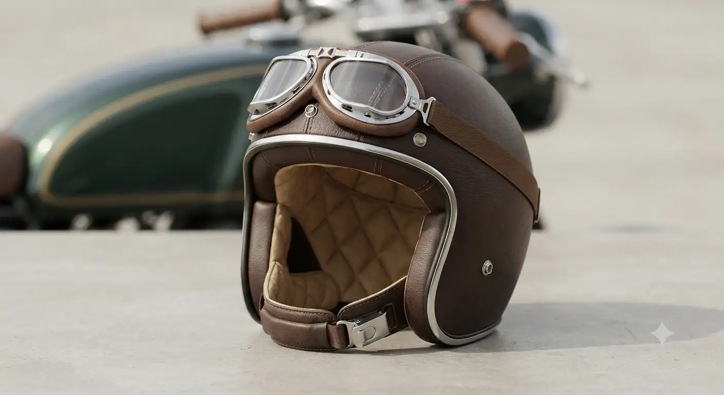 Casco jet classico vintage in pelle e finiture cromate posizionato su sfondo neutro per moto custom