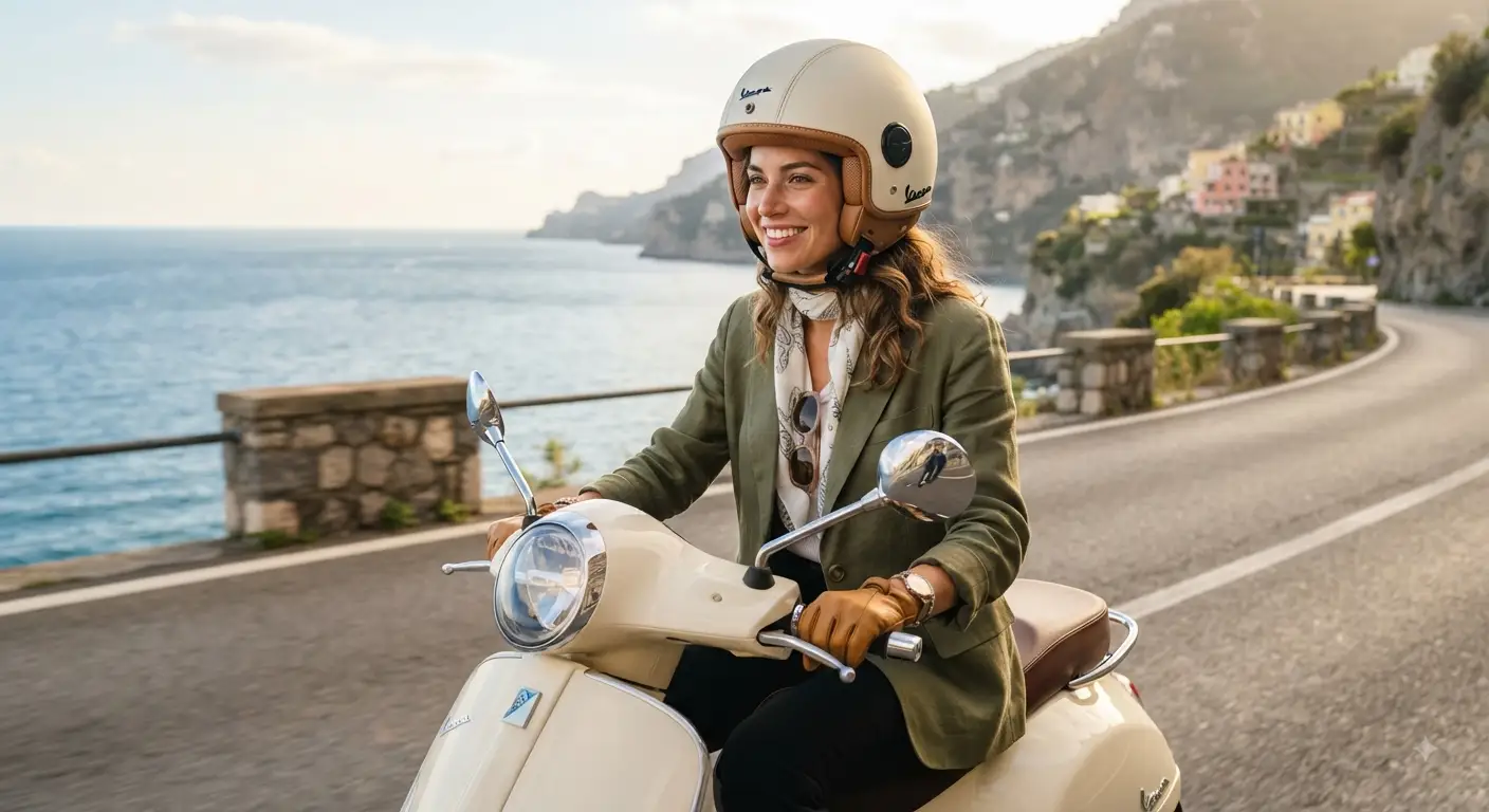 A stylish woman wearing a cream-colored vintage-style open-face motorcycle helmet (casco jet donna) with a dark visor, riding her scooter on a scenic coastal road during a sunny afternoon.