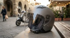 Casco jet da moto urbano con visiera lunga perfetto per la guida in citta e scooter