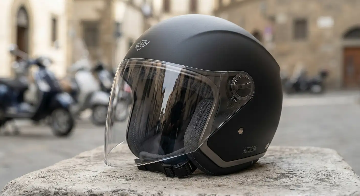 Casco jet per scooter di colore nero opaco con visiera lunga trasparente