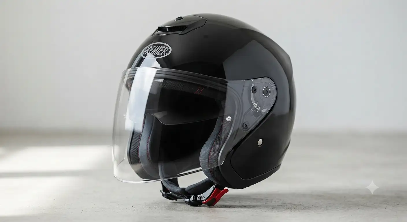 Casco jet Premier principale di colore nero lucido con visiera lunga trasparente e finiture eleganti