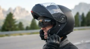 Primo piano di un casco modulare touring con mentoniera sollevata e visiera parasole integrata