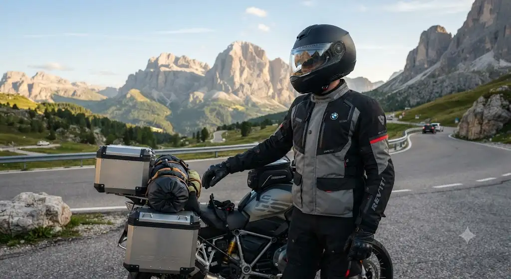 Casco modulare touring nero opaco indossato da un motociclista pronto per un viaggio su strada