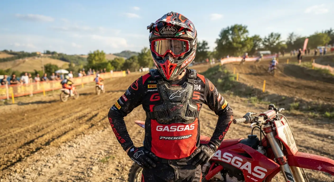 Casco motocross integrale professionale nero e rosso indossato da un pilota su pista da cross