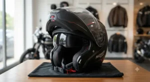 Casco Nolan modulare apribile con mentoniera sollevata in primo piano