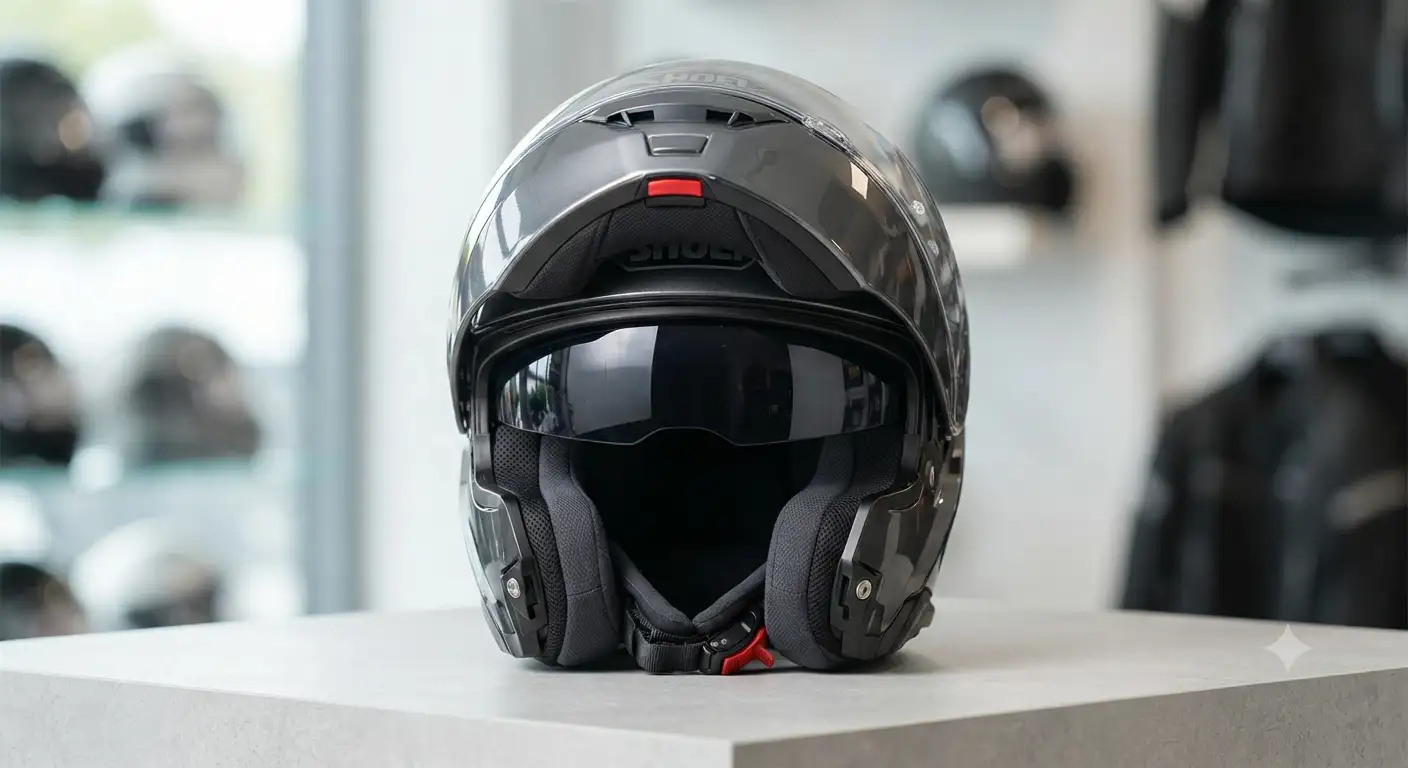 Casco Shoei Neotec modulare visto frontalmente con mentoniera aperta